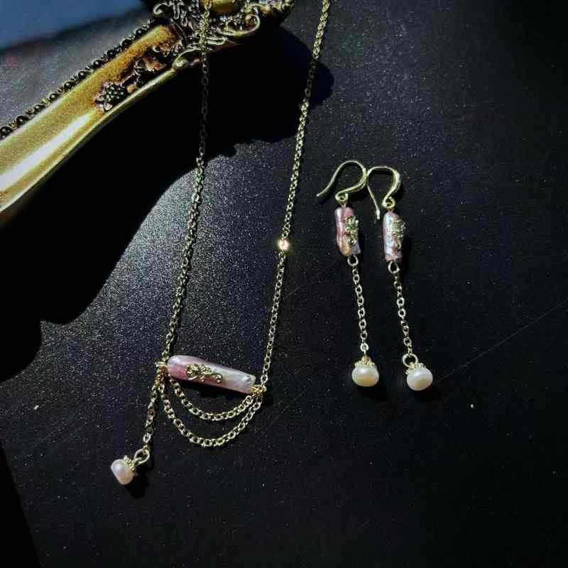 ネックレス &amp; イヤリング レディース ヴィンテージ バロック パール シルバー 花柄 手作り 幾何学 レトロ かわいい アクセサリー セット