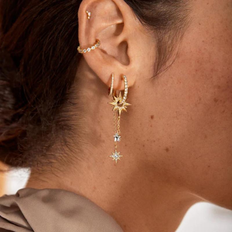 Rakuten - イヤリング レディース 18k ゴールド ジルコニア 星 太陽 フリンジ イヤーカフ セット パーティー ギフト