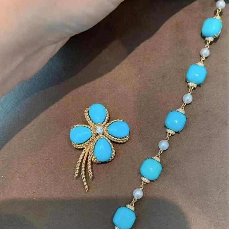 Amethyst - アクセサリー レディース ジュエリー セット イヤリング ブレスレット ブローチ 合金 電気メッキ加工 ターコイズ 花柄 文芸復古 法式 青島 外貿