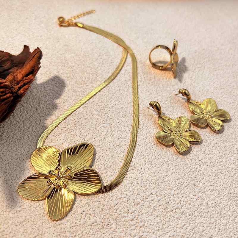 アクセサリー レディース ステンレス 花びら ネックレス 指輪 イヤリング セット 電気メッキ加工 蝶 レトロ ヨーロピアン スタイル