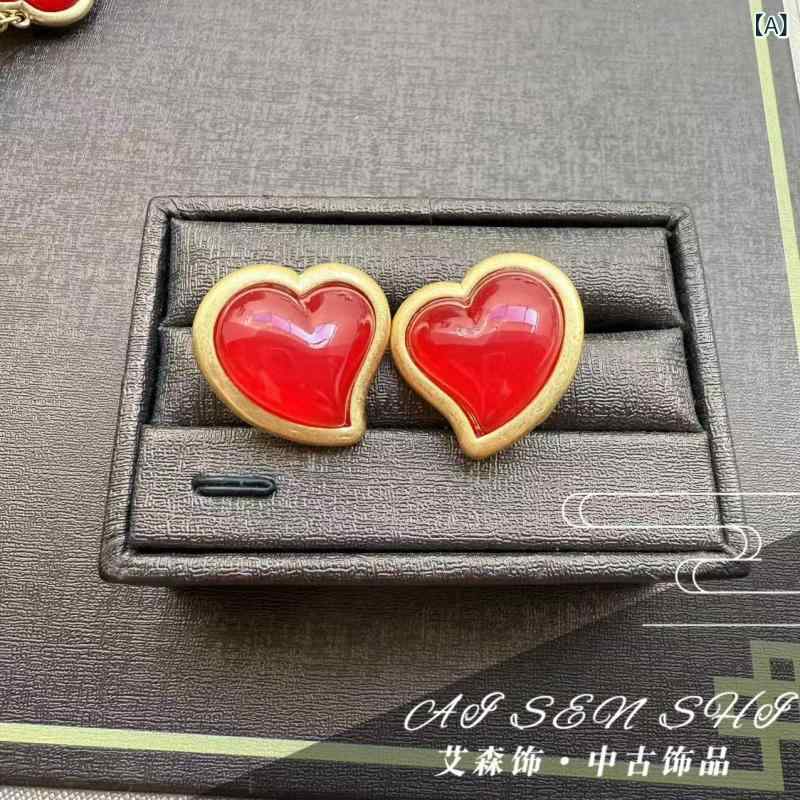 アクセサリー レディース イヤリング ネックレス ブレスレット 中古風 ヴィンテージ 小さめ おしゃれ レッド 赤色 ガラス ハート ピアス ペンダント