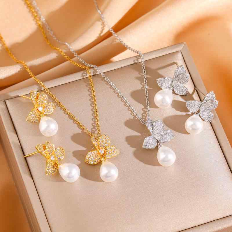 アクセサリー レディース セットアップ ゴールド シルバー ジルコニア パール 花柄 ネックレス ピアス チタン鋼 ファッション エレガント 上品
