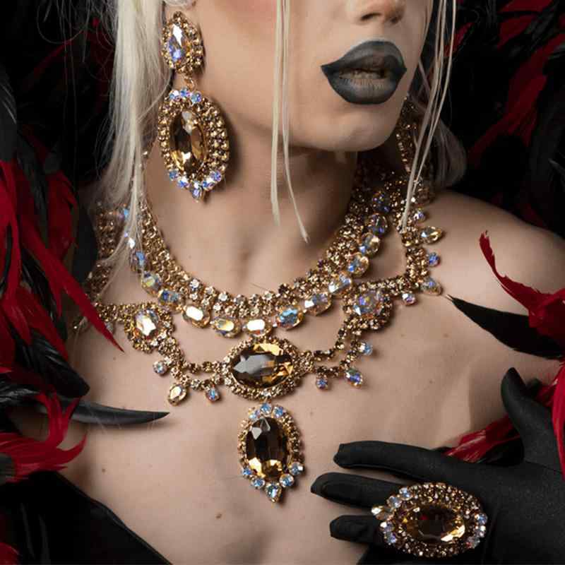 ジュエリー レディース 幾何学模様 水晶 ラインストーン ネックレス ピアス 指輪 セット 電気メッキ加..