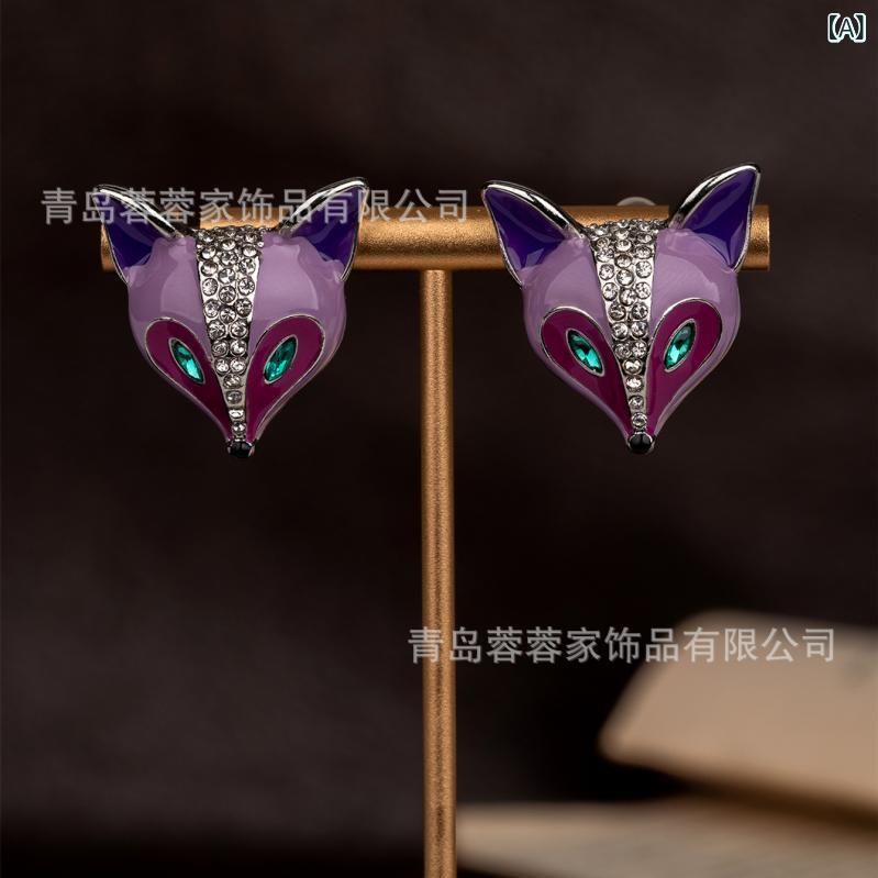 ピアス レディース 小さめ キツネ ラインストーン エナメル アニマルモチーフ ネックレス セット アクセサリー パープル シルバー925 レトロ ヴィンテージ