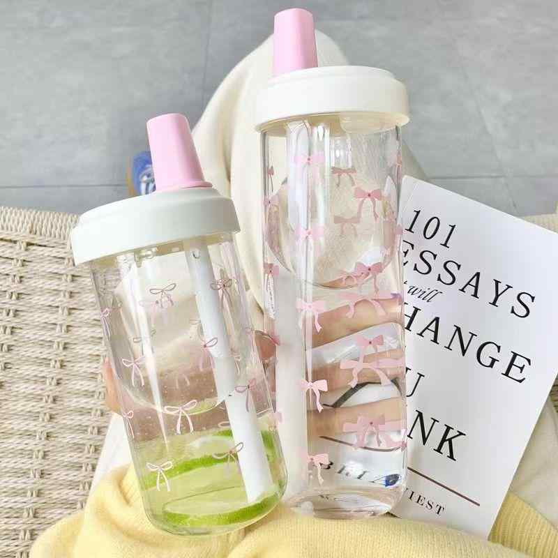 水筒 プラスチック製 携帯用 ストロー付き ウォーターボトル 韓国風 かわいい 蝶結び 500ml 850ml