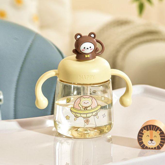 マグ キッズ ストローカップ 子供用 350ml 直飲み 哺乳瓶 耐熱 漏れ防止 PC素材 かわいい クマ柄 ピン..