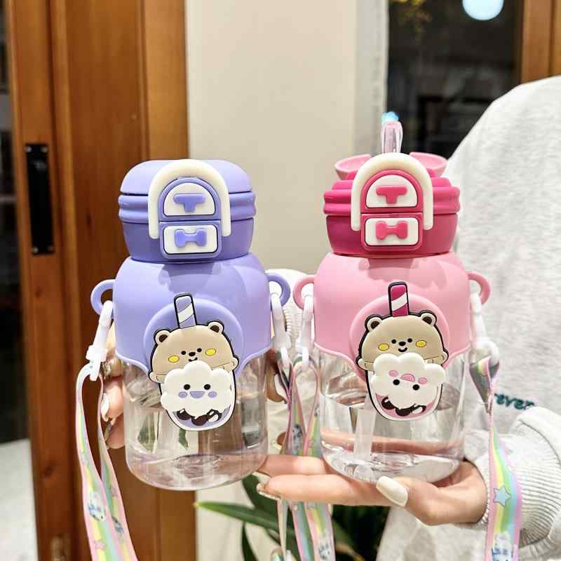 水筒 キッズ かわいい ストロー プラスチック コップ 大容量 600ml 子供 女の子 携帯用 ピンク 紫色 ブ..