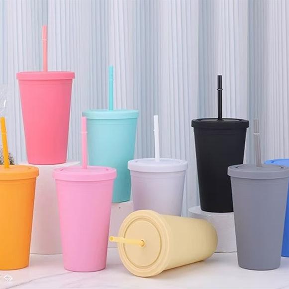 乐天商城 - タンブラー プラスチック製 ストロー付き 二層構造 大容量 糖果色 コーヒー ミルクティー ウォーターカップ 自動車 オフィス アウトドア