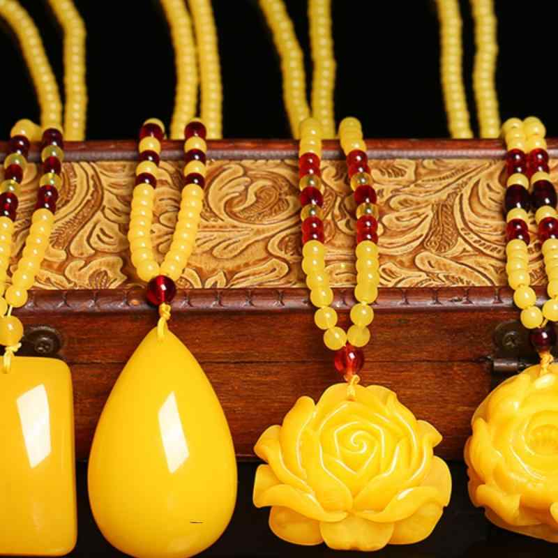 ネックレス レディース 水滴 蜜蝋 ペンダント 琥珀風 男女兼用 ニットチェーン カップル お揃い U形 手..