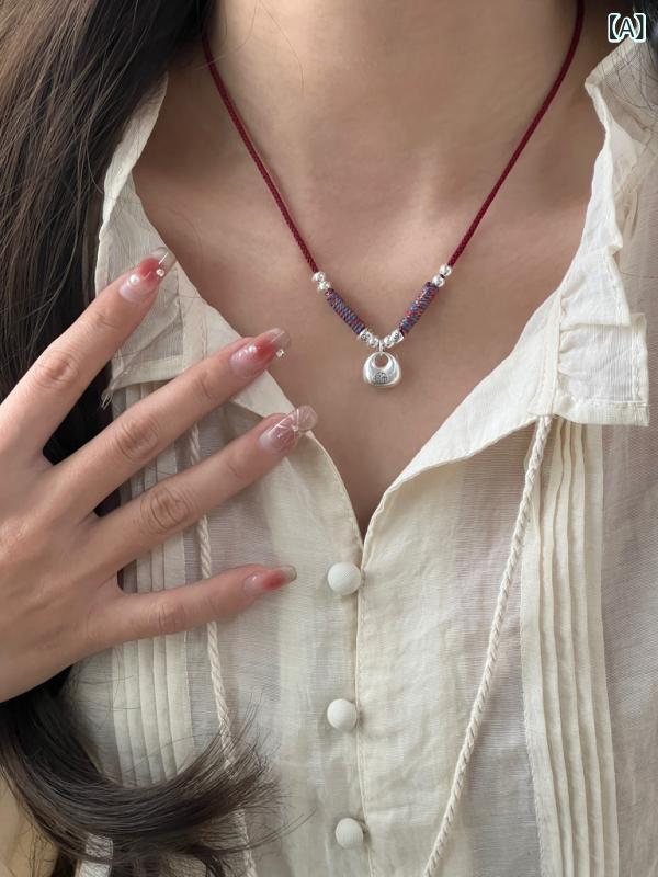 ネックレス レディース シルバー999 純銀製 幾何学模様 福モチーフ 手編み チョーカー 赤 黒