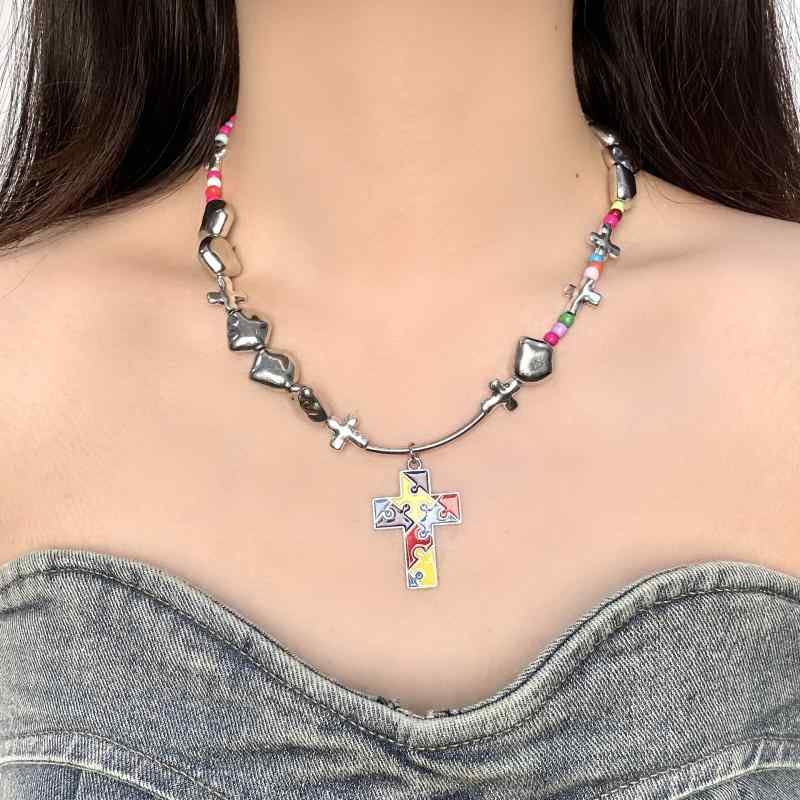 ネックレス 男女兼用 パズル 十字架 ペンダント 幾何学模様 合金 チョーカー ストリート カジュアル スウィート クール ギフト ラッキーアイテム