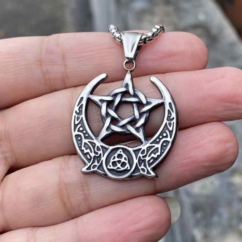 ネックレス 男女兼用 五芒星 ムーン ペンダント ステンレス 幾何学模様 アレルギー対応 ボックスチェーン 61cm~70cm 個性的 ペア 日常使い