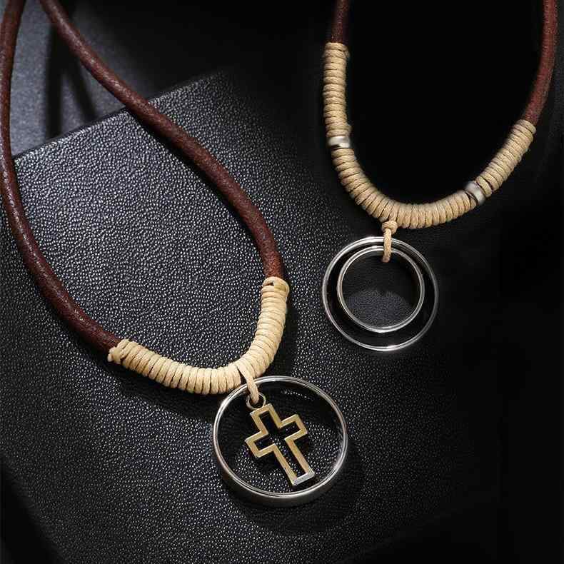 Necklaces, Pendants - ネックレス 男女兼用 十字架 ダブルリング ペンダント 幾何学模様 アレルギー対応 レトロ ヴィンテージ風 ファッション おしゃれ 普段使い