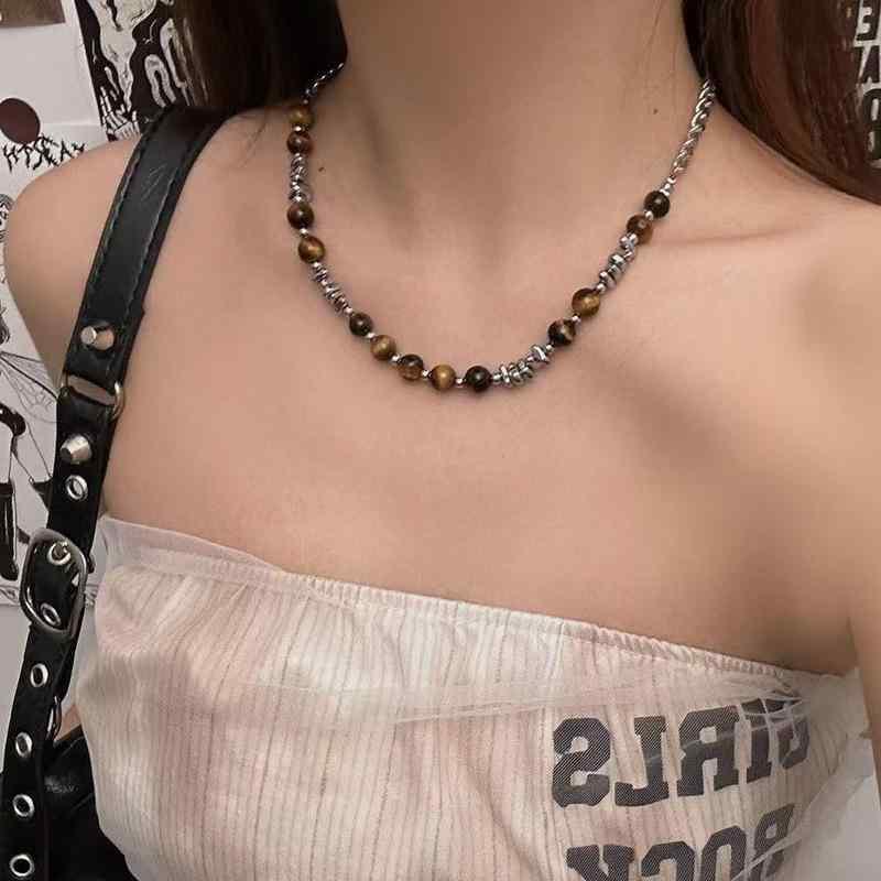 ネックレス 虎眼石 黒胆石 砕石 切り替え チョーカー 男女兼用 アクセサリー ラッキーアイテム 幾何学模様 40cm 個性派