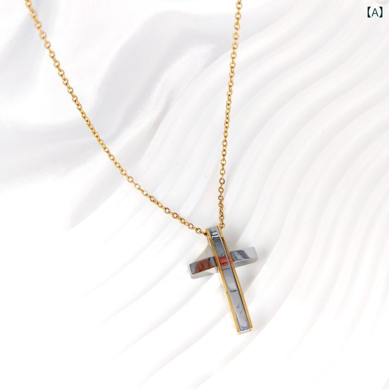ネックレス メンズ レディース ペアアクセサリー レトロ ヒップホップ クロス ペンダント チタン鋼 鎖骨チェーン スタイリッシュ 電気メッキ加工 U字型 シルバー 銀色 普段使い
