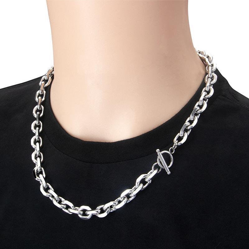 ネックレス 男女兼用 ステンレス 幾何学模様 OTクラスプ O字チェーン 一文字クラスプ チタン鋼 ペアネックレス 鎖骨チェーン ヒップホップ パンク 幅広7mm 長さ40cm 45cm 50cm 55cm 60cm 金属アレルギー対応 アレルギーフリー