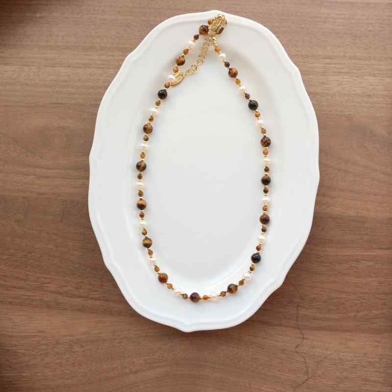 ネックレス 男女兼用 天然石 バロック風 算盤珠 タイガーアイ 短め アジャスター付き ユニセックス O字..