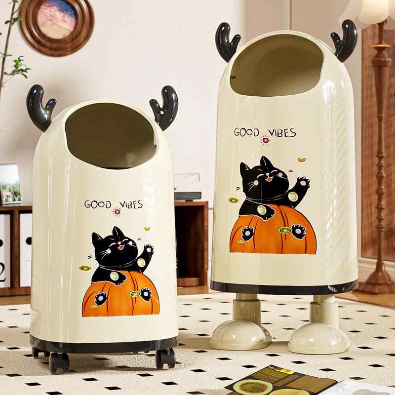 ゴミ箱 かわいい 大容量 4L以下 円筒形 卓上 車載 家庭用 オフィス 居間 寝室 トイレ 臭わない フタなし プラスチック製 龍の角 発財南瓜猫 ブラック オレンジ(3.0)