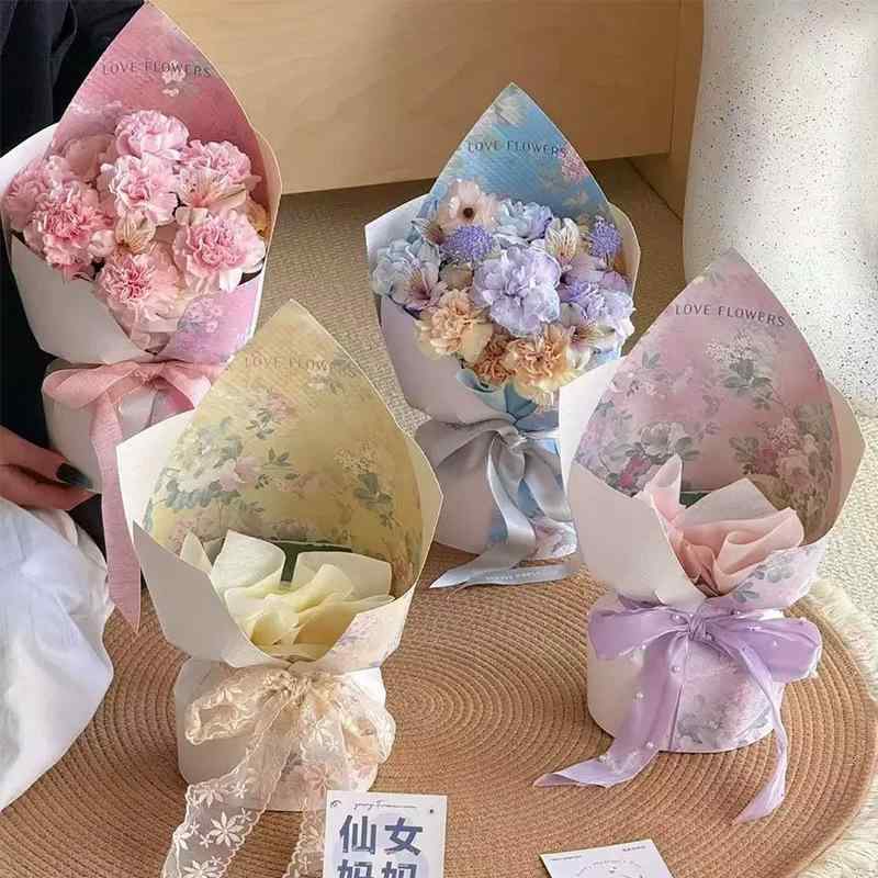 花束 ラッピングペーパー 牛皮紙 油絵風 ピンク系 イエロー パープル ブルー 花屋 フラワーアレンジメント ギフト