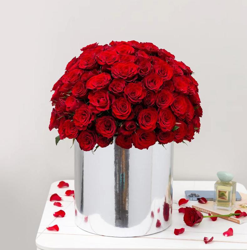 花束 ギフトボックス シルバー ミラー 鏡面 花柄 円形 包装ボックス フラワーボックス 12個セット 抱擁..