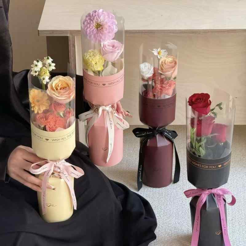 花束 包装紙 防水 透明 一輪用 定型フィルム ピンク イエロー ブラウン ブラック 10枚セット ギフト ラッピング