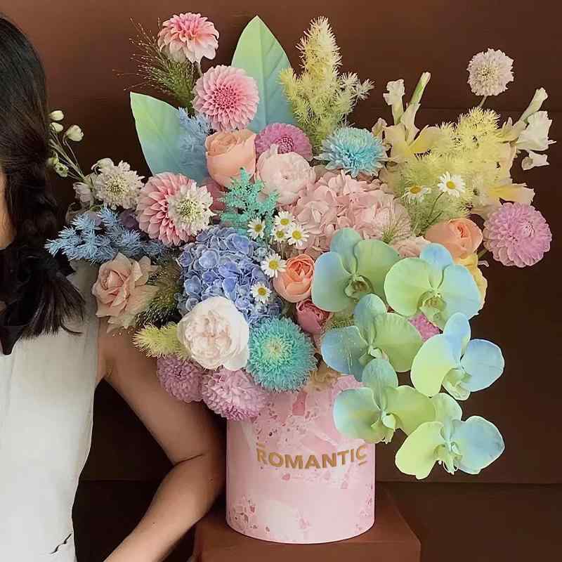 花束 ギフトボックス 大理石模様 円形 花箱 フラワーアレンジメント ボックス ピンク系 グリーン系 パープル系