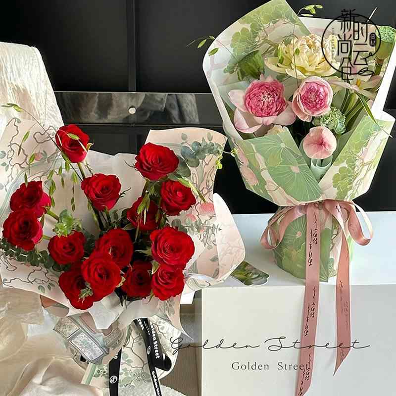 花束 ラッピングペーパー 牛皮紙 和風 彩絵 ギフト 贈り物 包装紙 荷中仙子 天青煙雨 喜上眉梢 幽蘭(x2)