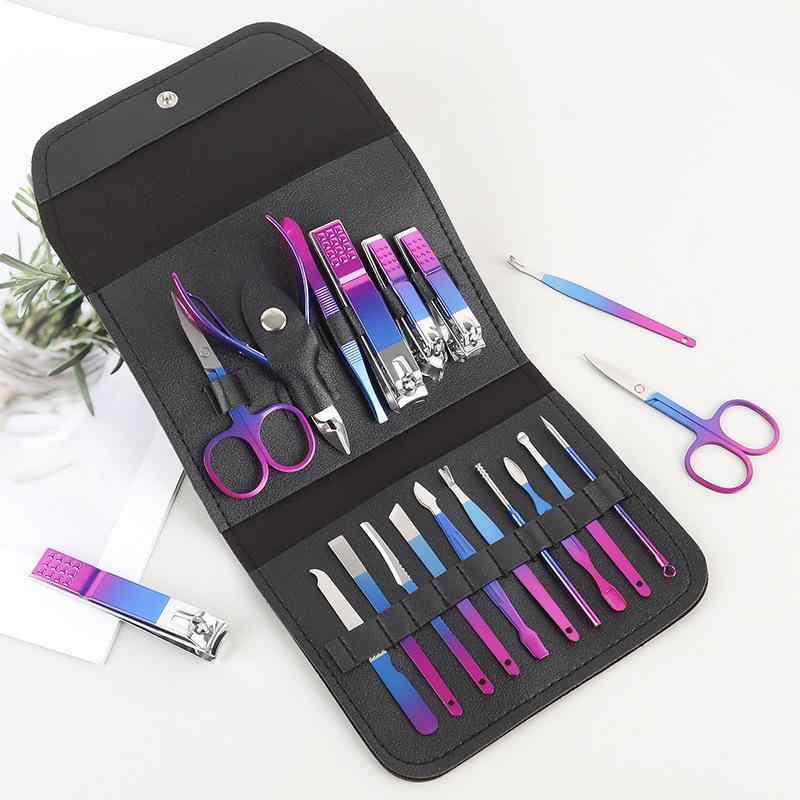 爪切り 16点セット 美容ツール ネイルケア グラデーションカラー ステンレス 携帯 家庭用