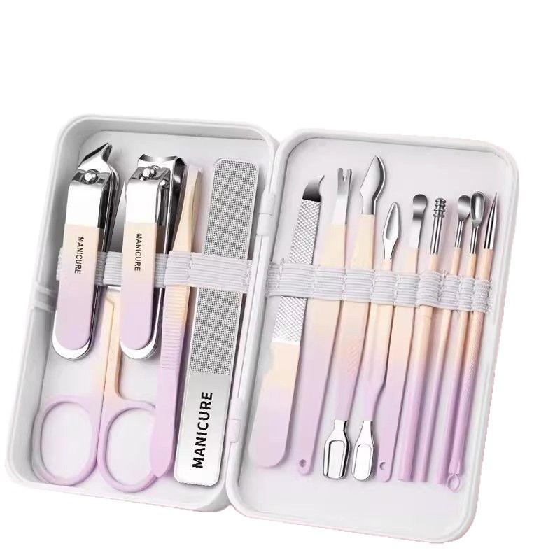 ネイルケアセット レディース メンズ 不锈钢製 爪切り 鼻毛切り 14点セット 美容ツール 携帯用 ピンク パープル グリーン