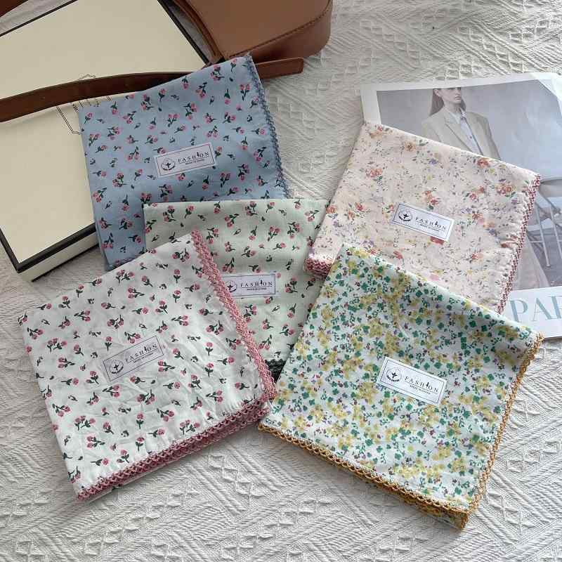 スカーフ レディース 春夏 コットンリネン ハンカチ 花柄 バンダナ ヘアバンド ピンク系 ブルー グリーン イエロー かわいい ガーリー 森ガール