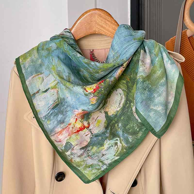 スカーフ レディース 春秋 70cm 小判 正方形 幾何学模様 アート柄 ストール ショール ポリエステル 紫..