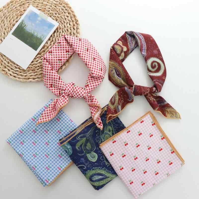 スカーフ レディース 春夏 シルク 綿 バンダナ 正方形 ハンカチ ターバン ヘアバンド ヘッドスカーフ かわいい 砖红 藍樱桃 ブルー レッド ピンク フルーツ