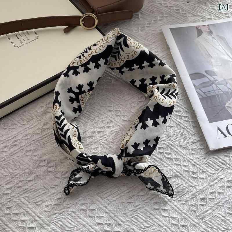 スカーフ レディース コットン シルク 正方形 レトロ アート 薄手 ネッカチーフ ブラック カーキ レッ..