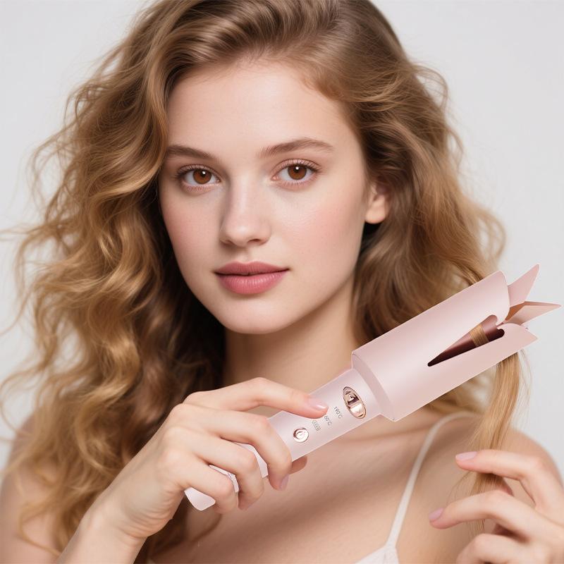 ヘアアイロン レディース 充電式 コードレス 自動回転 カール 25mm セラミックコーティング ピンク 大..