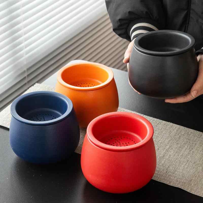 茶道具 茶殻入れ 茶殻 缸 陶器製 ふた付き 屑入れ 大容量 卓上 茶水分離 ブラック ブルー レッド オレ..
