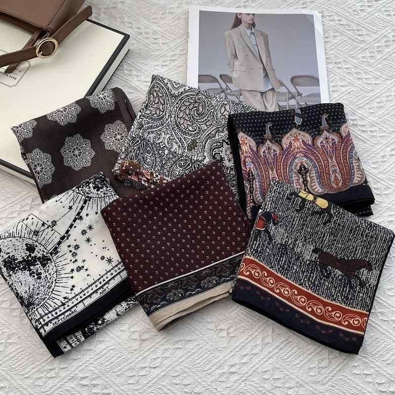 スカーフ レディース 春秋 シルク 綿麻 幾何学模様 ジャカード ネッカチーフ 首元 アクセント 上品 ス..