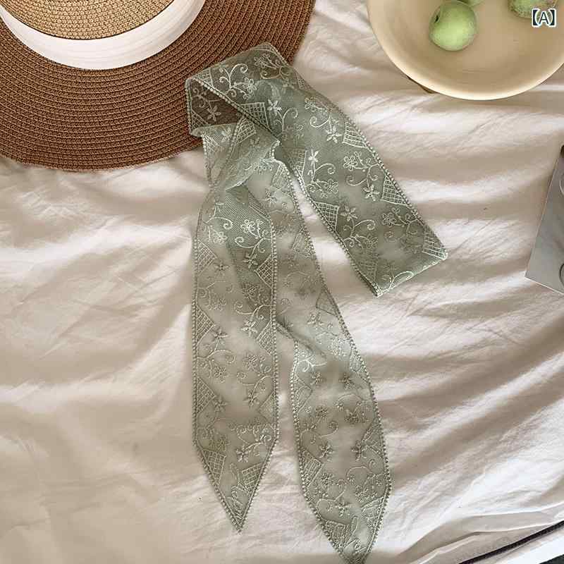 スカーフ レディース レース 刺繡 小花柄 リボン 薄手 領巾 ヘアバンド ヘッドバンド ミントグリーン ピンク系 ブラック オフホワイト 春 2