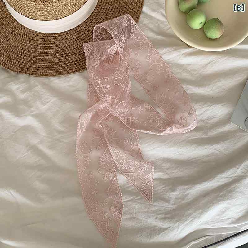 スカーフ レディース レース 刺繡 小花柄 リボン 薄手 領巾 ヘアバンド ヘッドバンド ミントグリーン ピンク系 ブラック オフホワイト 春 3
