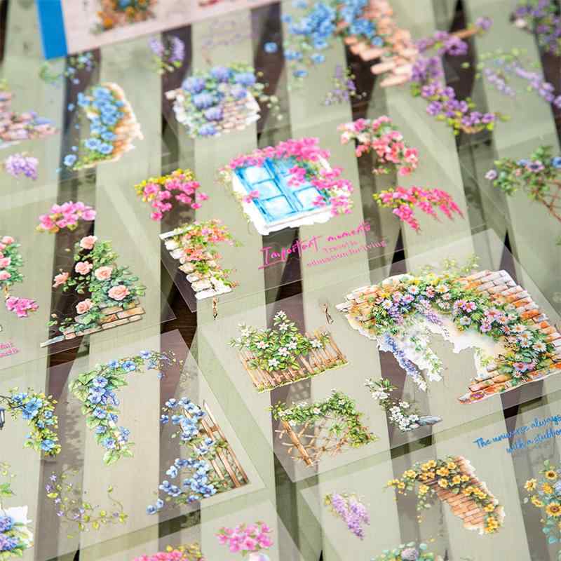 ステッカー 手帳 デコレーション 素材 レトロ ヨーロッパ風 ガーデン 花柄 緑 庭園 風景