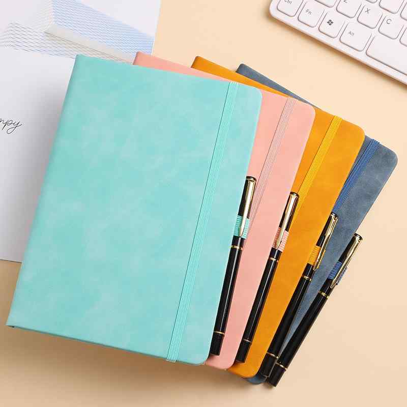 ノート レディース A5サイズ ビジネス オフィス 日記帳 メモ帳 事務用品 スケジュール帳 バンド付き フェイクレザー オレンジ ピンク ブラック レッド ブルー グレー ブラウン 上品