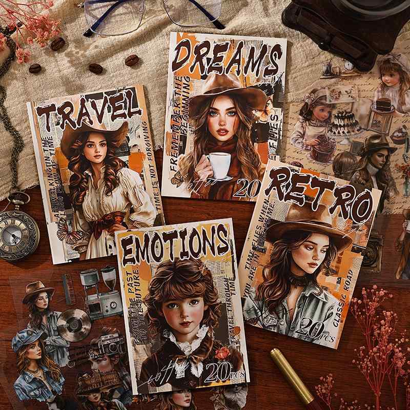 ステッカー レトロ風 レディース 手帳 デコレーション PET素材 20枚 旧夢一场 复古華流 昔日情感 時光旅行