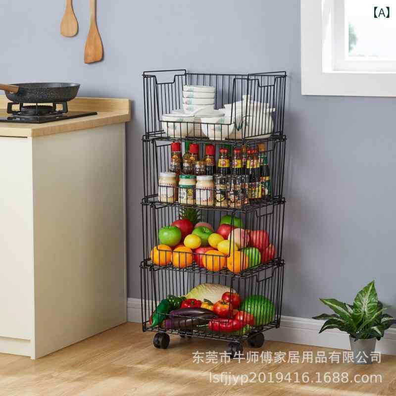 キッチン収納カート 3段 可動式 ランドリーラック 隙間収納 折り畳み式 炭素鋼 सब्जीラック 野菜ストッカー バスケットラック ブラック