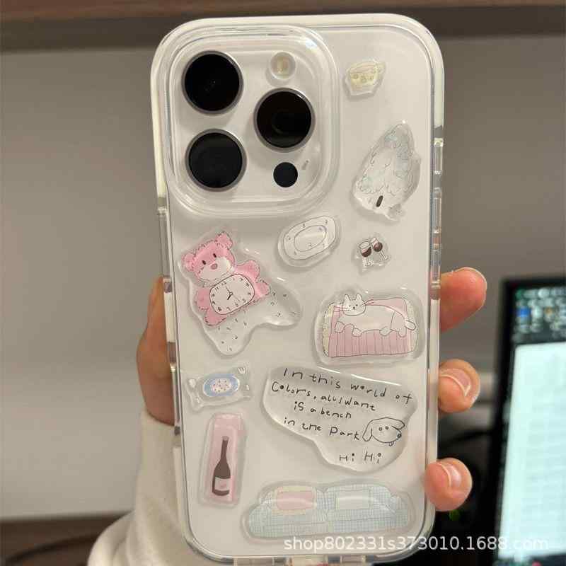スマホケース iPhone 全機種対応 TPU 耐衝撃 滴胶 ステッカー かわいい カートゥーン風 ピンク系 ホワイト グリーン