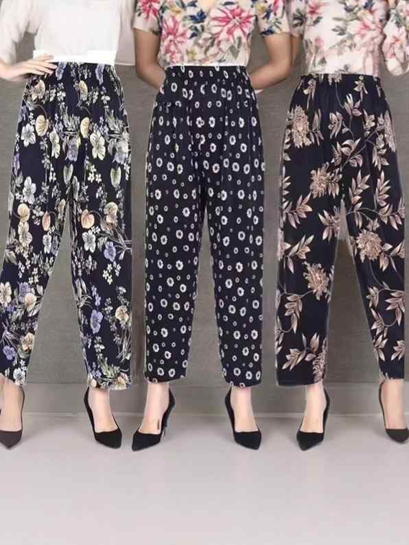 パンツ レディース 接触冷感 ゆったり ストレート 中国風 花柄 高齢者向け 9分丈 薄手 春夏 ブラック ..