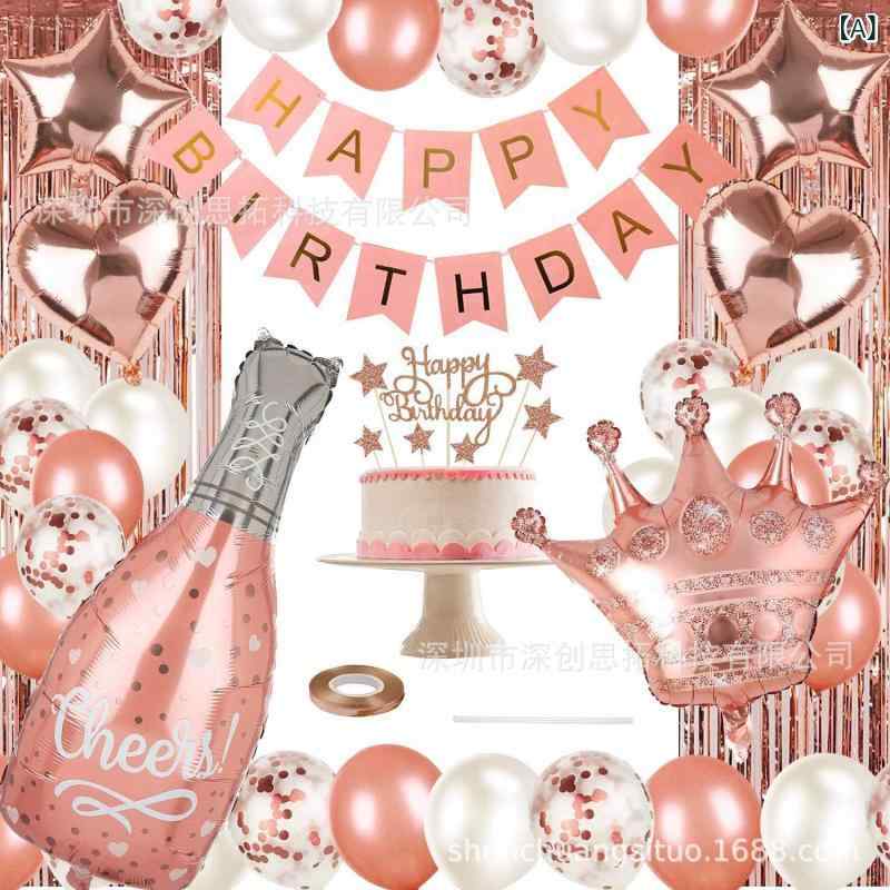 パーティー用品 ラテックスバルーンセット 誕生日飾り付け ローズゴールド 紙吹雪 王冠 酒瓶 ケーキトッパー バースデーガーランド