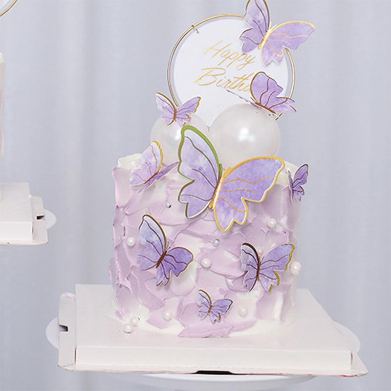 ケーキトッパー 子供 青年 蝶 バースデーケーキ デコレーション 飾り付け 紙製 アクリル 紫 金