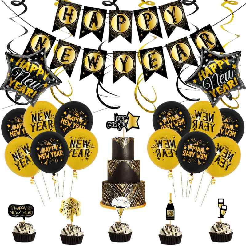 バルーン 新年 パーティー デコレーション セット アルミバルーン 飾り付け イベント 正月 ブラック ゴ..