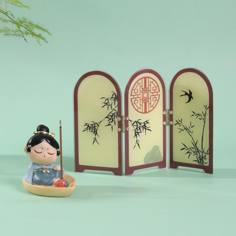 屏風 インテリア 樹脂製 ミニチュア 置物 春意盎然 清風竹影 卓上 玄関 古風 飾り ギフト