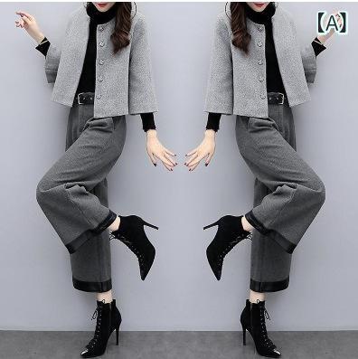 セットアップ レディース 秋冬 パンツスーツ ウール ショートコート ワイドレッグパンツ カジュアル 無地 S M L XL 2XL 普段使い デイリー 部屋着 2