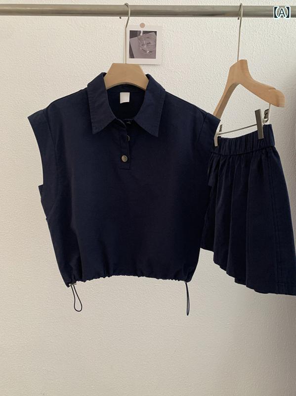 シャツ レディース ノースリーブ ブラウス + キュロットパンツ セットアップ 綿混...